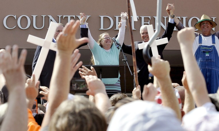 Image: File photo of Rowan County Clerk Kim Davis celebrating her release from the Carter County Detention center in Grayson Kentucky