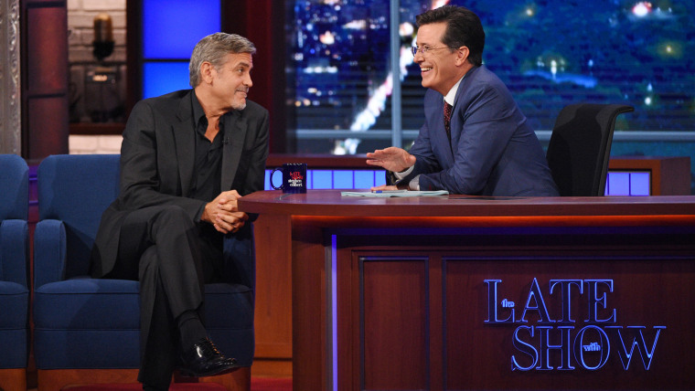 Actor George Clooney chats with Stephen on the premiere of The Late Show with Stephen Colbert, Tuesday Sept. 8, 2015 on the CBS Television Network. Photo: Jeffrey R. Staab/CBS ÃÂ©2015 CBS Broadcasting Inc. All Rights Reserved