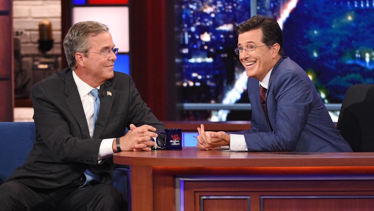 Republican Presidential candidate Jeb Bush chats with Stephen on the premiere of The Late Show with Stephen Colbert, Tuesday Sept. 8, 2015 on the CBS Television Network. Photo: Jeffrey R. Staab/CBS ÃÂ©2015 CBS Broadcasting Inc. All Rights Reserved