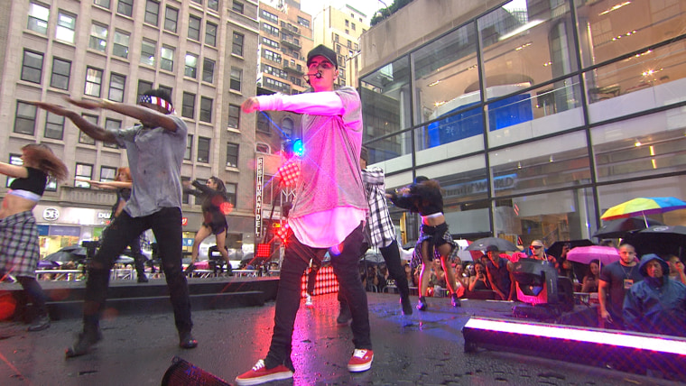 Justin Bieber performs on a rainy morning at The Today Show with