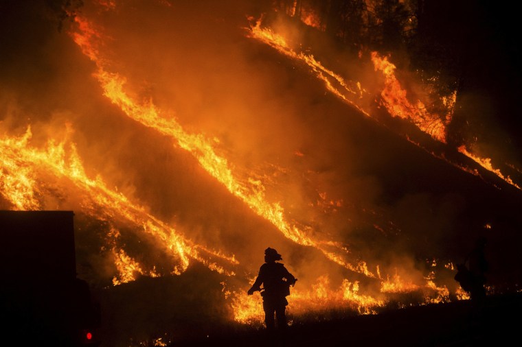 Image: Flames from a backfire on Highway 29 rise above a firefighter battling the Valley Fire in Lower Lake