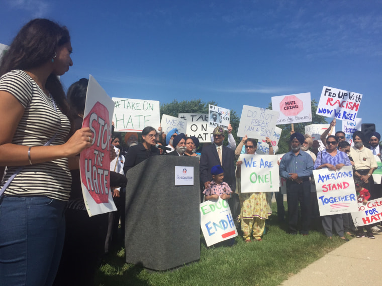 Sikh Coalition Legal Director Harsimran Kaur speaks on Tuesday, September 15 at a rally in support of Inderjit Singh Mukker, a 53-year-old Sikh American who was assaulted in the Chicago suburb of Darien on Tuesday, September 8.