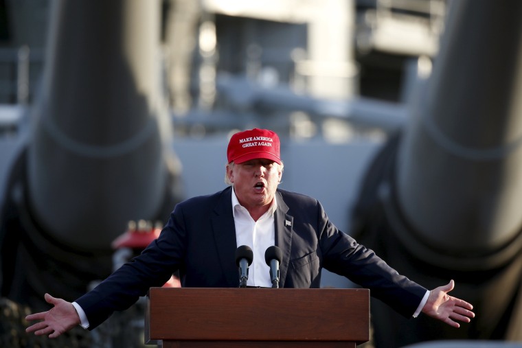 Image: U.S. Republican presidential candidate Donald Trump speaks on the USS Iowa in San Pedro