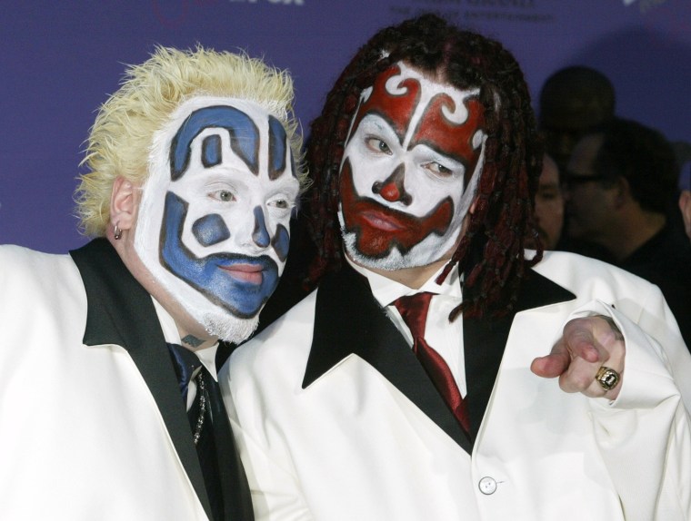 Image: Members of the Insane Clown Posse pose as they arrive at the 2003 Billboard Music Awards at the MGM Grand Garden Arena in Las Vegas in this file photo
