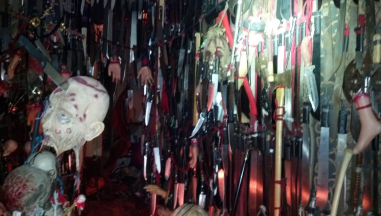 Bladed weapons hang in the home of Nicole Dykema in Brooksville, Florida.