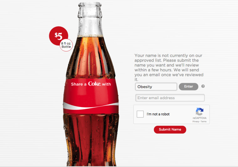 Coca-Cola now bans users from entering negative words like "obesity" on its customizable label site.