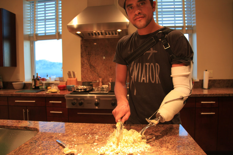 Chef Eduardo Garcia cooks for the first time with his hand prosthetic.