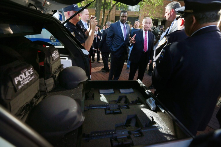 Image: New York City Mayor Bill de Blasio and NYPD Commissioner William J. Bratton were briefed on Emergency Service Unit Equipment in a SUV vehicle, at New York City Police Headquarters
