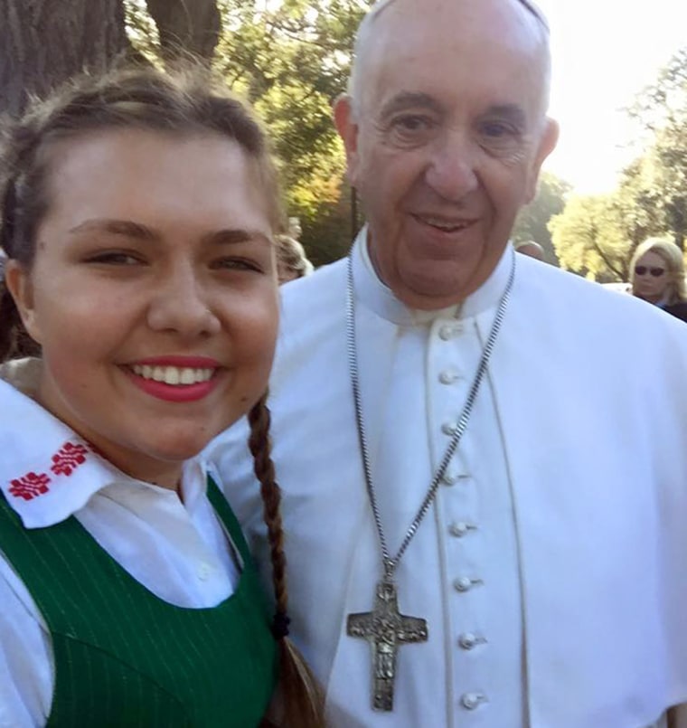 Enija Davidonyte posted this photo to Facebook with the following caption: "I feel absolutely blessed! I met with a Pope Francis today and actually got to take a picture and meet him. If it wasn't for my Lithuanian school and monsignor Rolandas I don't think I would have experienced this once in a life time moment."