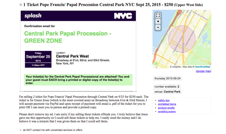 Ad on Craigslist offering to sell "free" tickets to see the pope