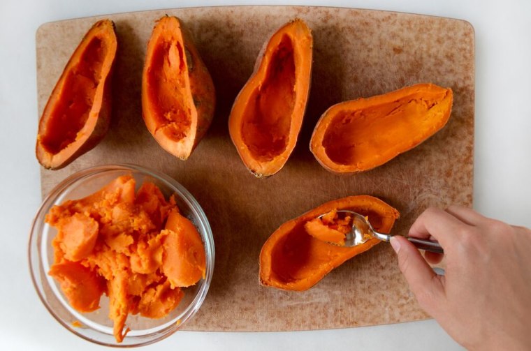 Scoop out the center of the sweet potato skins