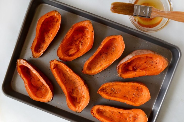 Brush sweet potato skins with bacon drippings