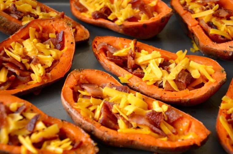 Fill sweet potato skins with cheese and bacon