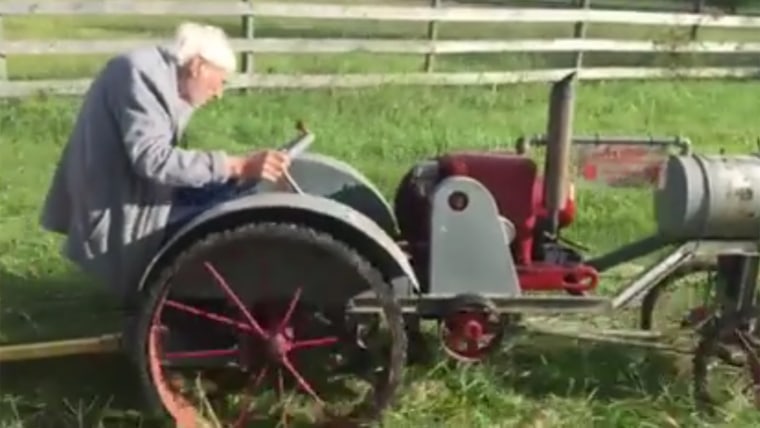 Alvin Bogie, 92, has Alzheimer's disease, but when he saw his tractor, his train and his great-grandsons, he perked right up and relished the moment.