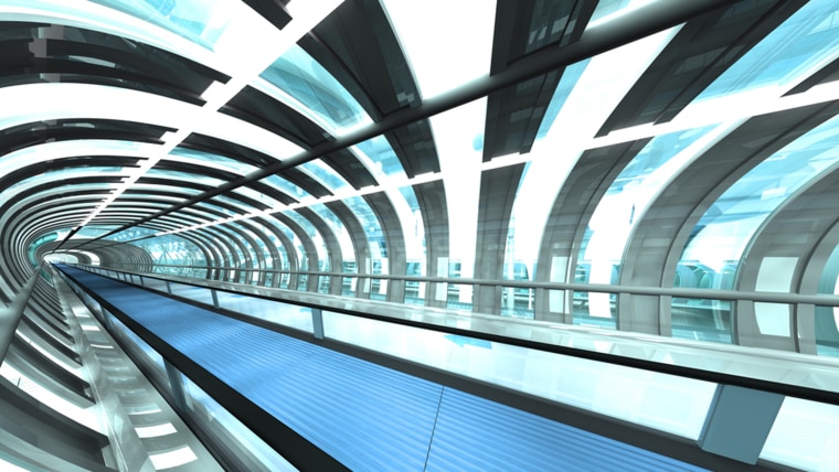 Passageway with travelator of a futuristic airport