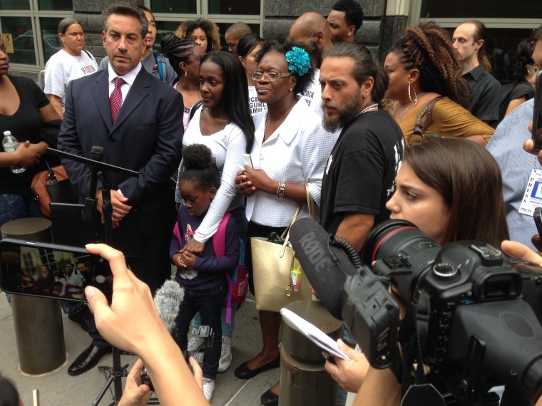 From left to right: Scott Rynecki, Akai Gurley family attorney; Kimberly Ballinger, Gurley's domestic partner; and Hertencia Petersen, Gurley's aunt. The press conference was held Tuesday outside Brooklyn Supreme Court where NYPD Officer Peter Liang appeared for a hearing.