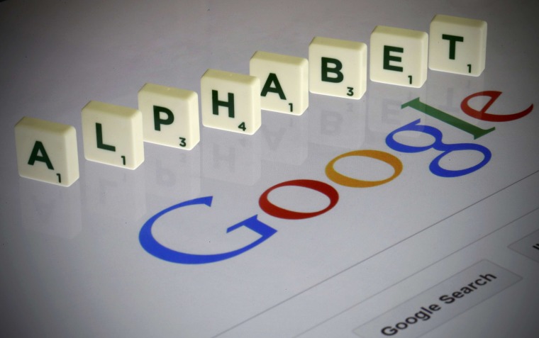 Image: Letters spell "Alpahbet" as they are seen on a computer screen with a Google search page