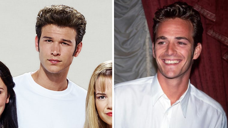 Jesy McKinney (L), plays Luke Perry in Lifetime's "The Unauthorized Beverly Hills, 90210 Story," airing Oct. 3.