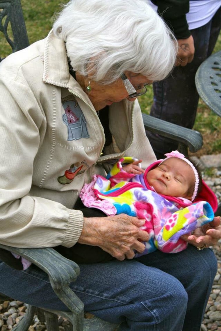 Jeannine Camarena shared this photo of her daughter meeting the newborn's great-great-grandmother.