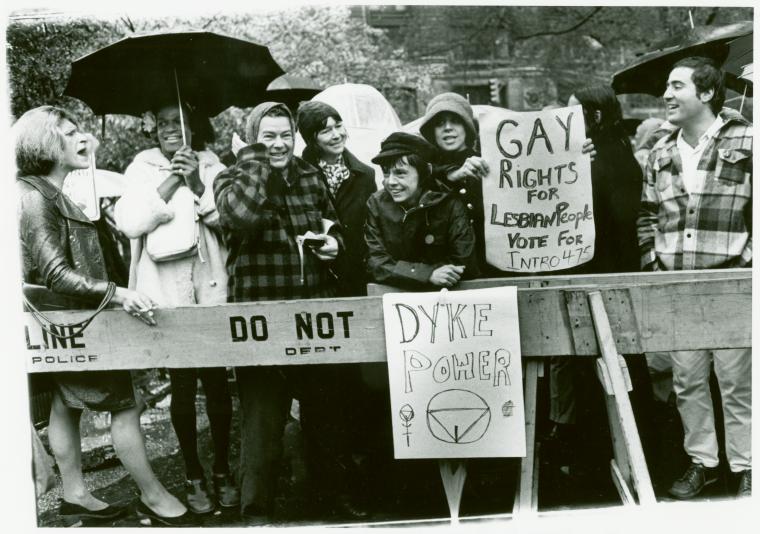 Gay rights activists Sylvia Ray Rivera, Marsha P. Johnson, Jane Vercaine, Barbara Deming, Kady Vandeurs, and Carol Grosberg at City Hall rally for gay rights.