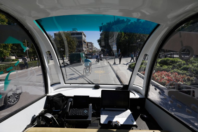 IMAGE: A driverless bus takes a test run in Greece