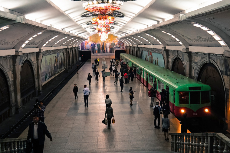 A subway train pulls into Yonggwang Station in Pyongyang on Oct. 9.