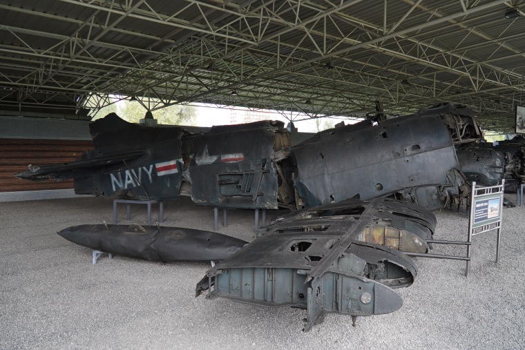 The remains of a US Navy Grumman F9-F5 Panther jet fighter are displayed at the Fatherland Liberation War Museum in Pyongyang.