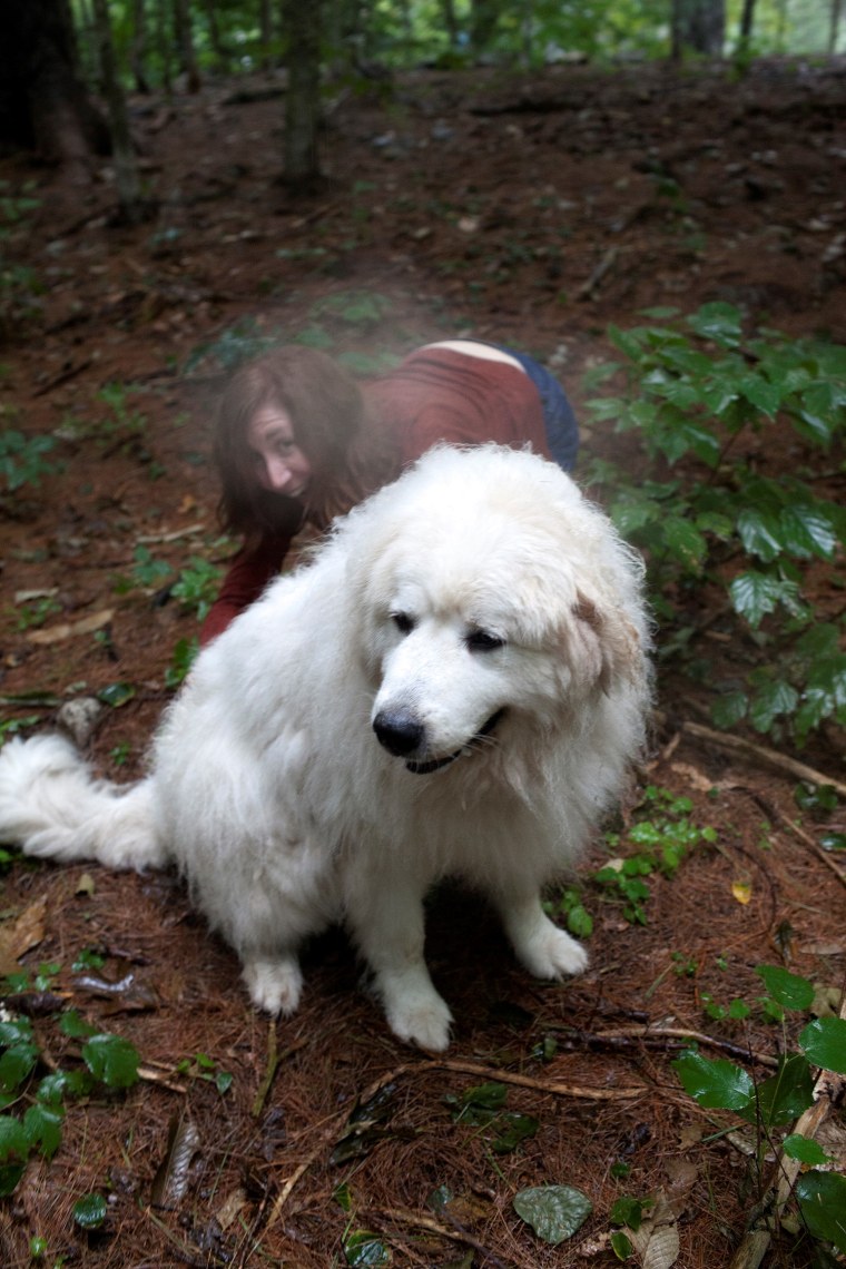 Laura T. Coffey in mud behind a dog named Boomer; photo shoot for "My Old Dog" book