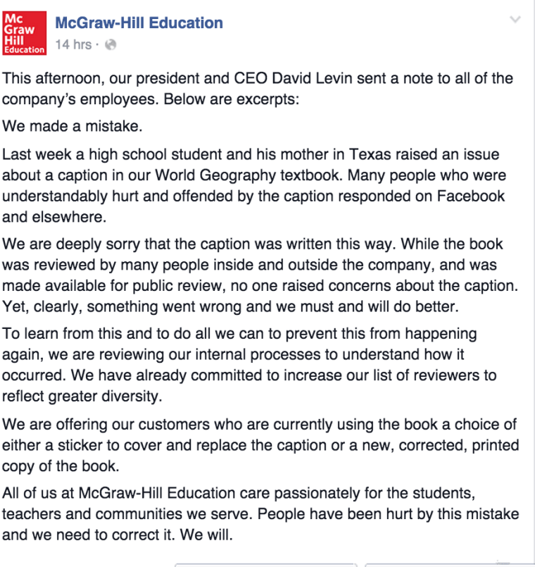 A response from McGraw Hill president and CEO David Levin apologized for the inaccuracy.