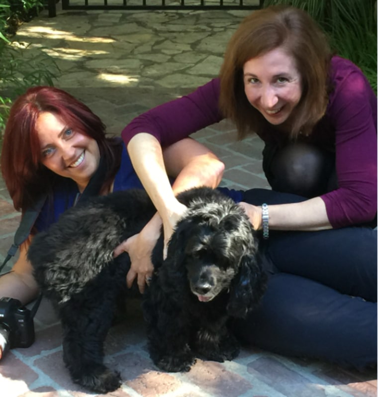 Lori Fusaro and Laura T. Coffey with George Clooney's dog, Einstein