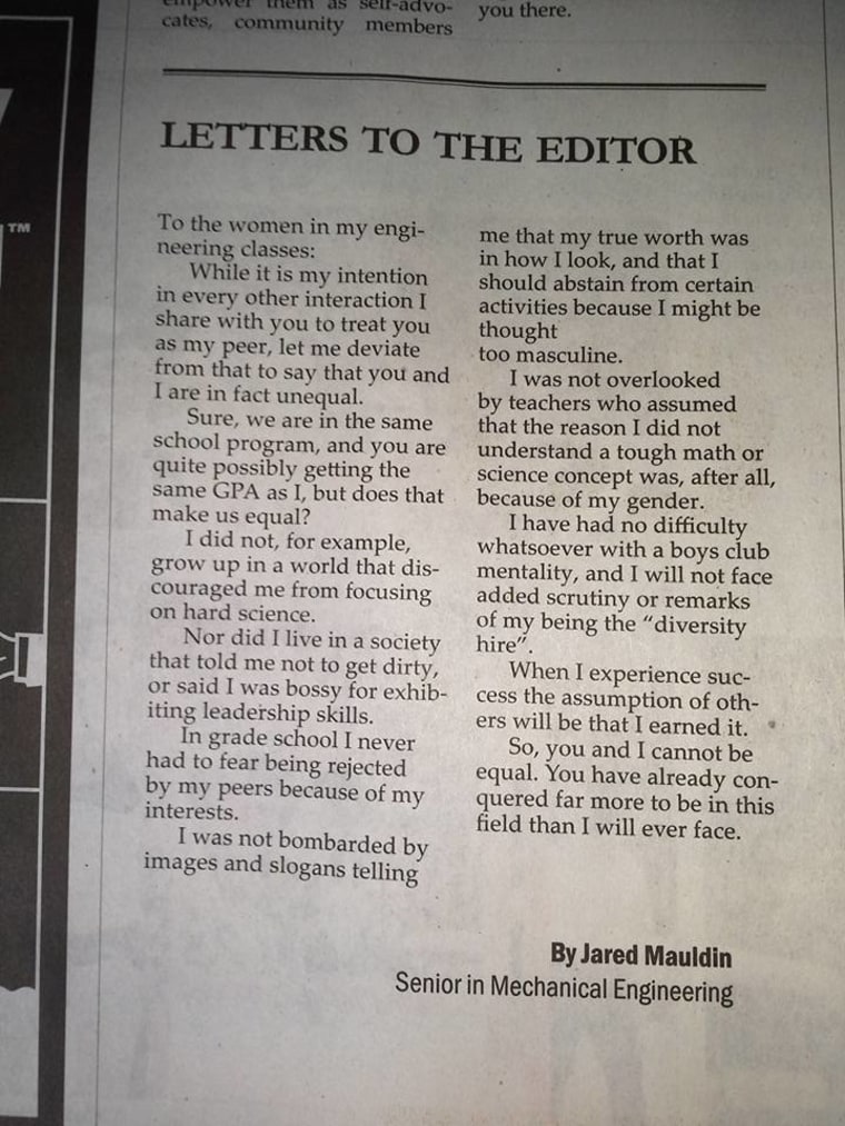 Engineering student’s humble letter praises female peers