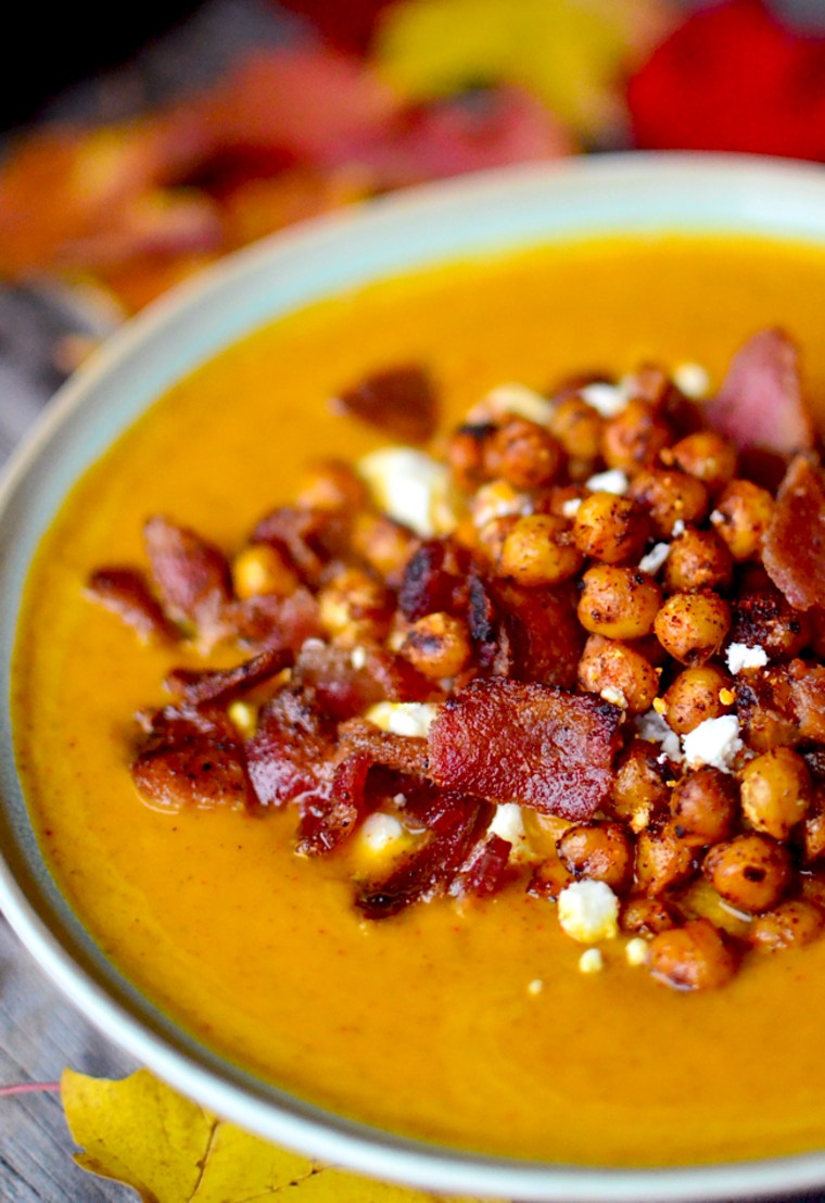 Spicy Pumpkin Soup with Bacon and Spicy Fried Chickpeas 