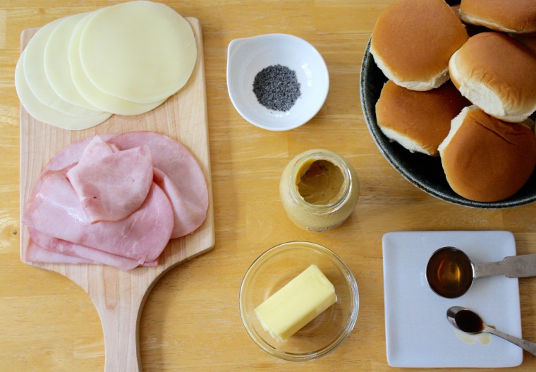 Ingredients for ham and cheese sliders with mustard sauce