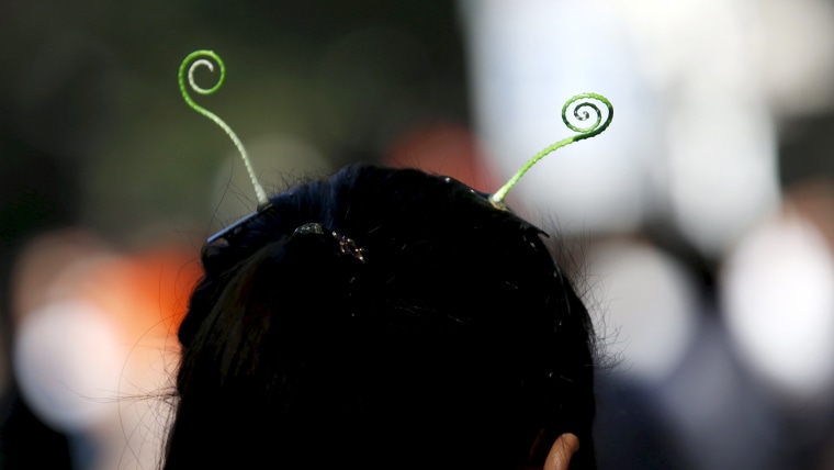 A woman wearing sprout-like hairpins in Beijing