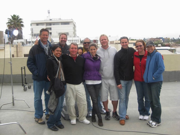 NBC News crew: from left to right, Jorge Pujol, and in back: Carlos Rigau, Tony Zumbado, Cory Leibin, Chapman Bell, Susane Becerra and Erika Angulo. At foreground from left, Olivia Santini, Kerry Sanders and Natalie Morales.