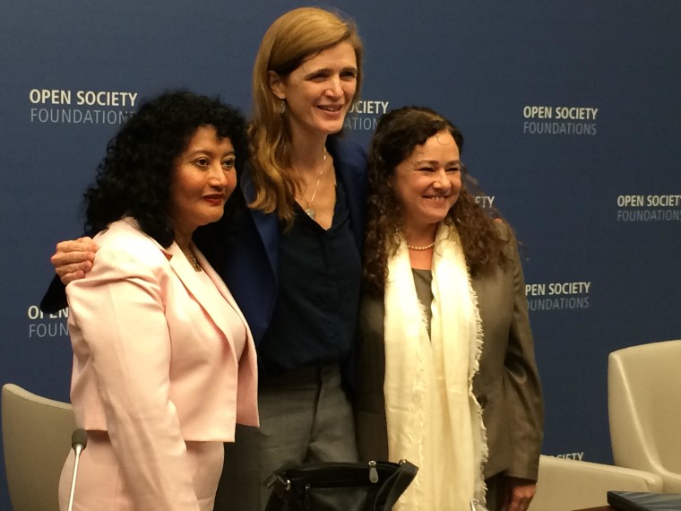 Judge Iris Yassmin Barrios Aguilar, who presides over one of Guatemala’s High Risk Tribunals, at left, and Dr. Claudia Paz y Paz Bailey, who became Guatemala’s first female attorney general in 2010, at right, the recipients of the 2016 Annual Civil Courage Prize. In the middle is Samantha Power, U.S. Ambassador to the U.N.