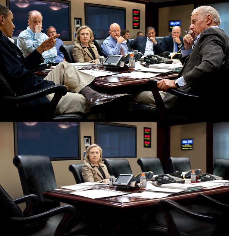 President Obama meets with his national security team in the Situation Room of the White House discussing the mission against Osama bin Laden.