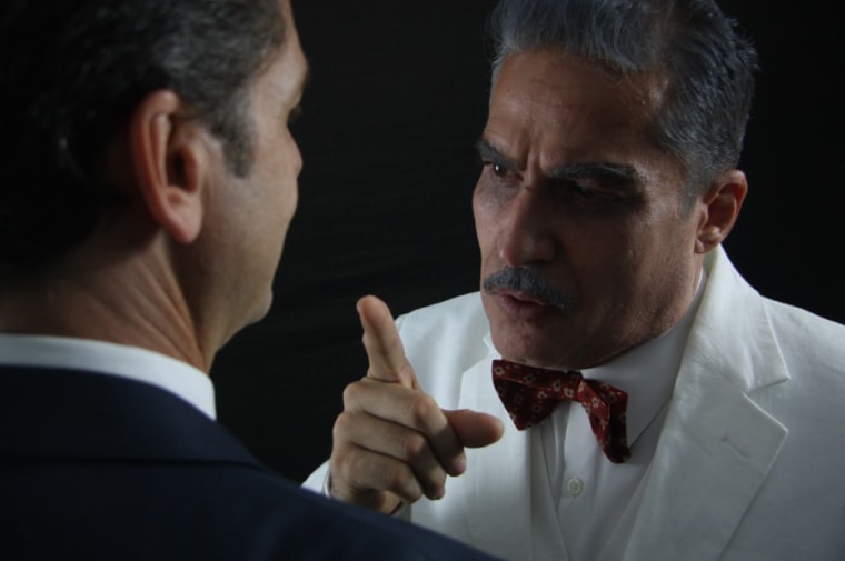 Ed Trucco as "The Diplomat" and José "Cheo" Oliveras as Trujillo, in a scene from Carmen Rivera's play "La Caída de Rafael Trujillo" ("The Downfall of Rafael Trujillo).