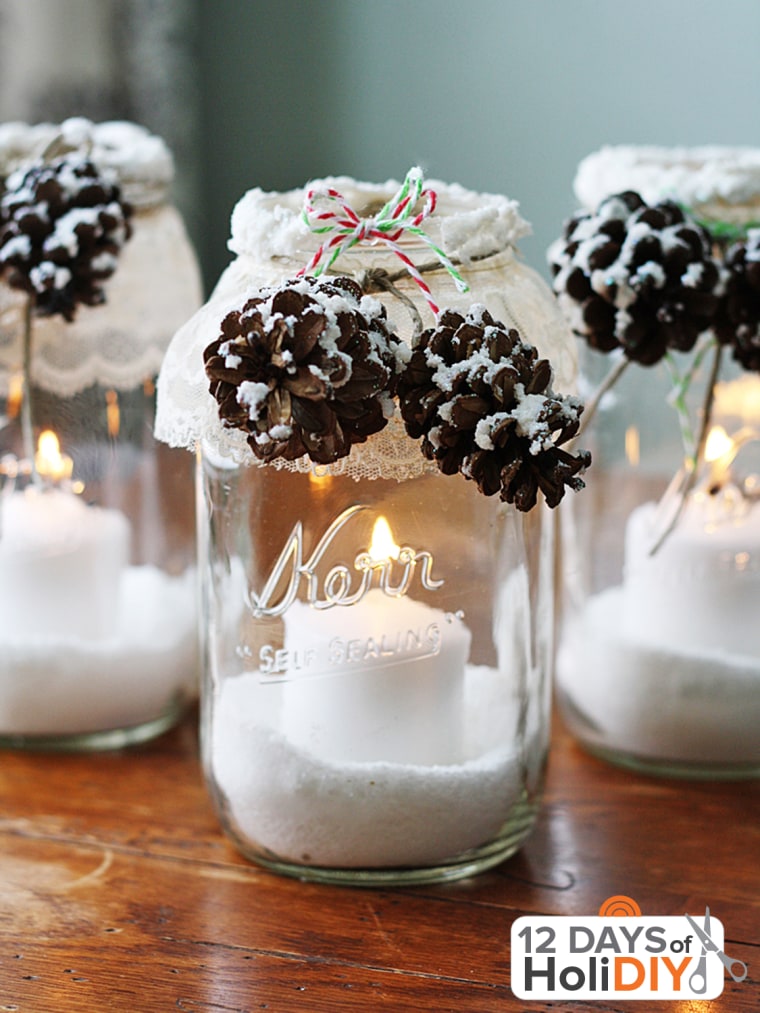 Holiday decorating pinecone mason jars