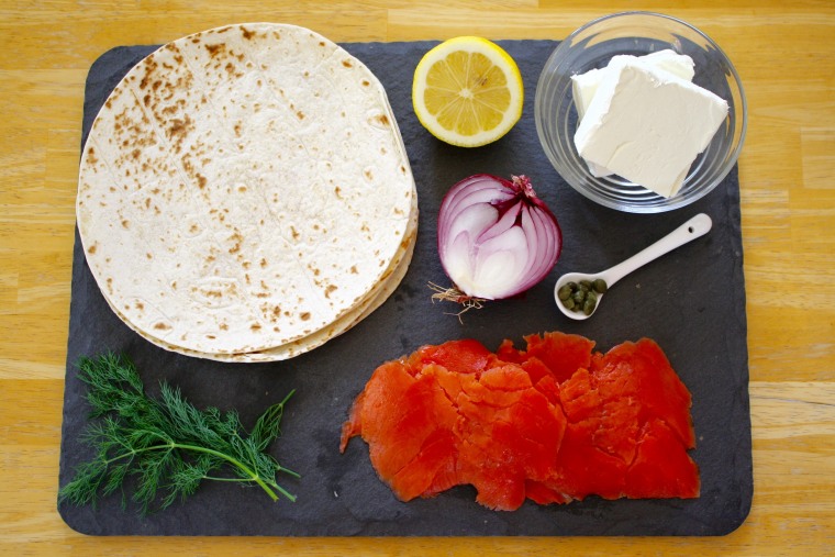 Ingredients to make Smoked Salmon Tortilla Rollup