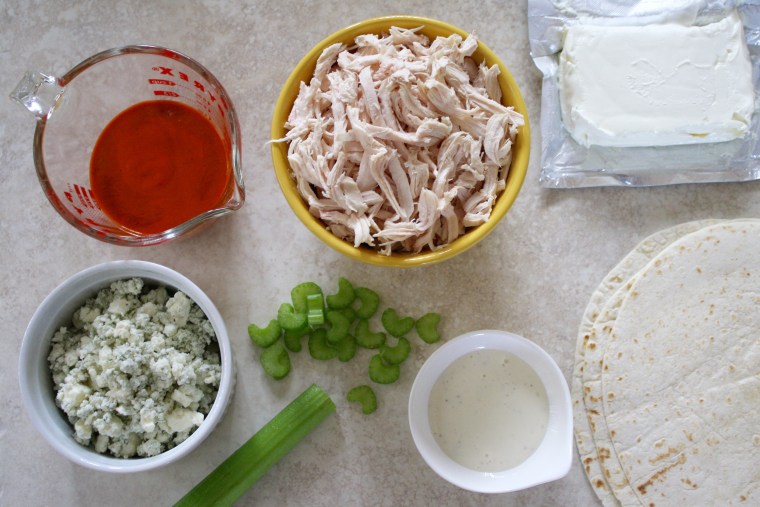 Ingredients for Buffalo chicken tortilla rollup