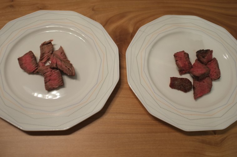 Grass-fed steak (right) vs steak from conventionally raised beef