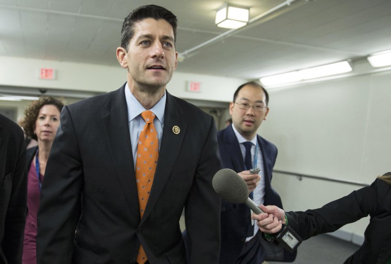 Image: Rep. Ryan leaves a meeting with moderate members of the House Republican caucus on Capitol Hill in Washington