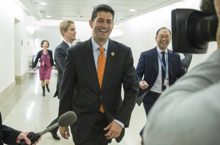 Image: Rep. Ryan leaves a meeting with moderate members of the House Republican caucus on Capitol Hill in Washington