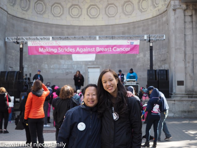 Elizabeth OuYang at the Making Strides Against Breast Cancer Walk in Central Park with her niece Emily, October 18, 2015.