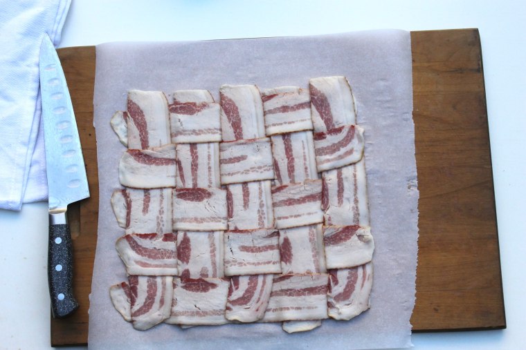 How to make bacon-wrapped turkey: weave bacon until you have a woven square