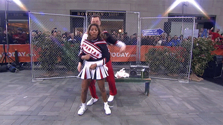 Willie Geist and Tamron Hall play Will Ferrell and Cheri Oteri, the peppy Spartan cheerleaders