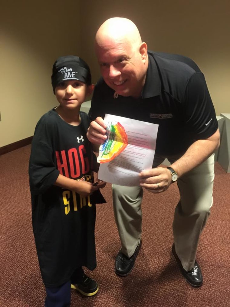 After asking a group of pediatric cancer patients to attend a Washington Redskins game with him in September, Governor Hogan met Andrew Oberle, a 5-year-old t-cell leukemia patient who presented the governor with a list of tips for fighting cancer.