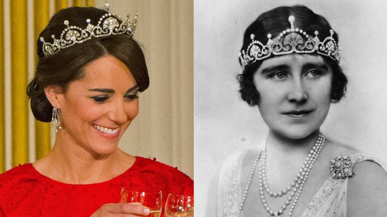 Kate, Duchess of Cambridge, and the Queen Mother in Lotus Flower tiaras