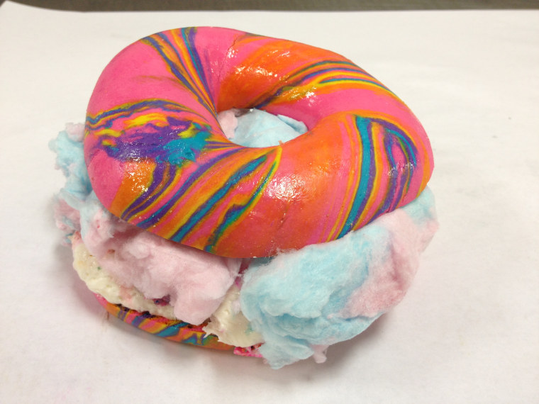 Rainbow Bagel Stuffed with Funfetti Cream Cheese and Cotton Candy from Brooklyn's The Bagel Store